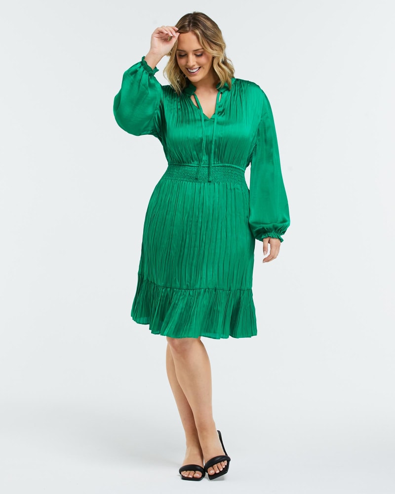 Front of a model wearing a size 2X Nina Shirred Dress in Apple by Estelle. | dia_product_style_image_id:264614